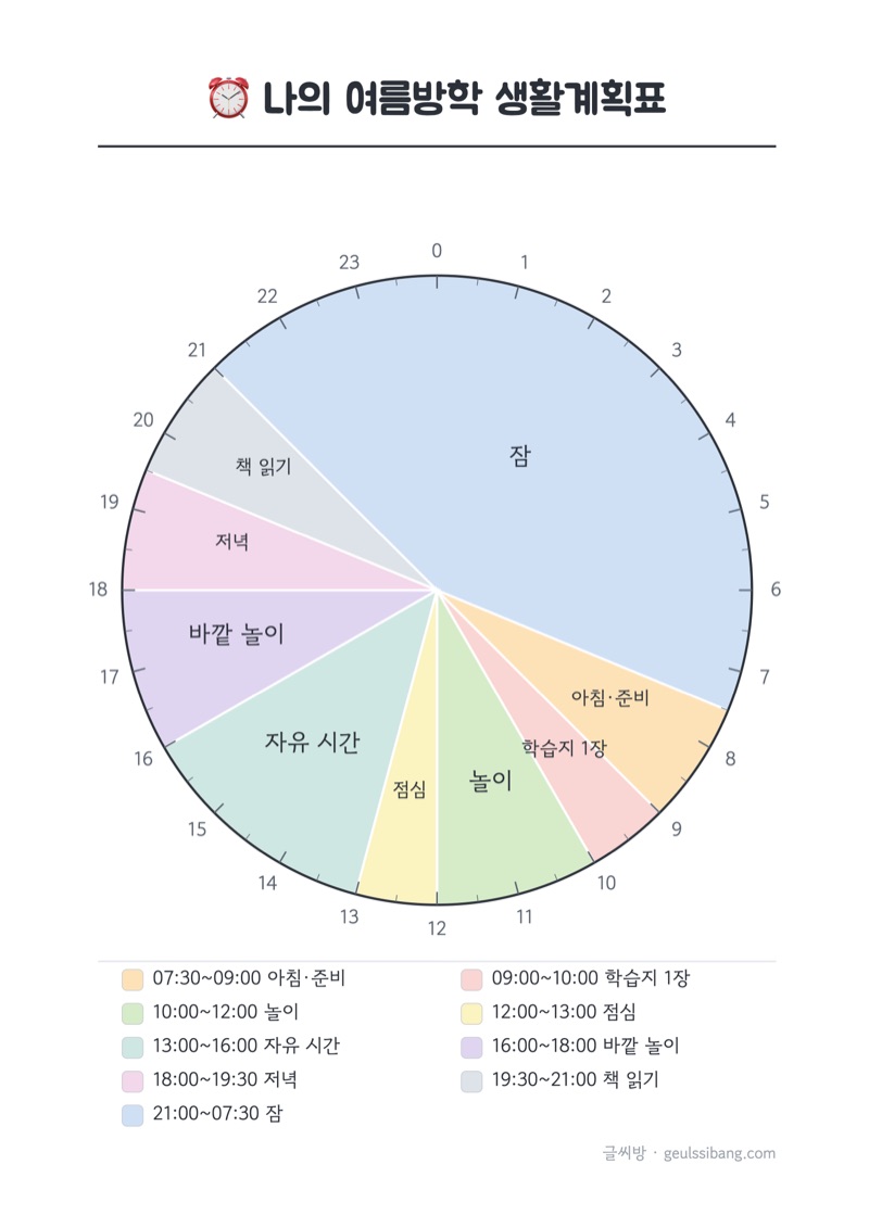 원형 생활계획표 실제 출력물 — 24시간 동그란 계획표와 색칠 칸